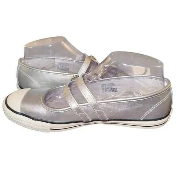 Converse Dainty Mary Jane Slip Strap Shoes Silver Metallic Sneakers Leather - Picture 2 of 5